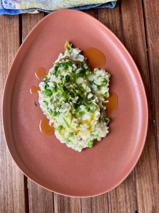 Spring Green Risotto with Chard, Spinach & Peas on plate