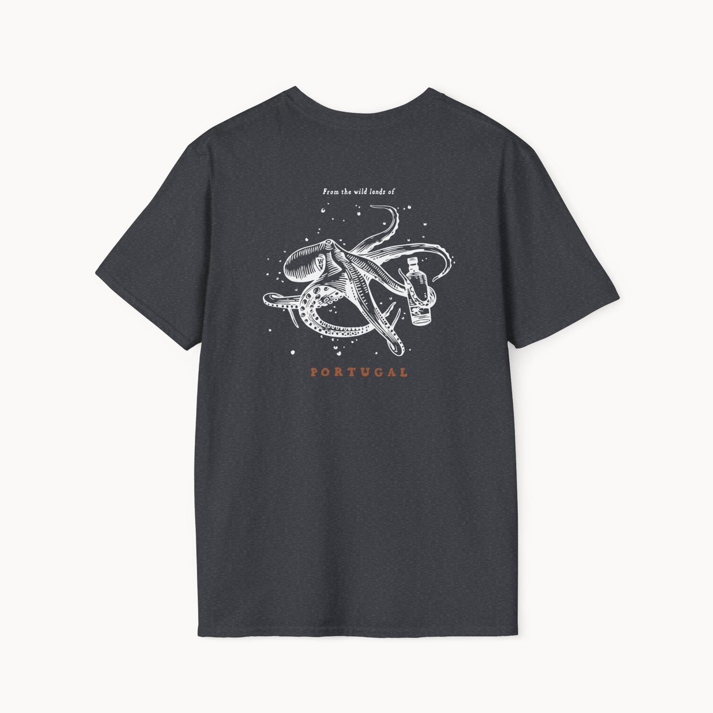 Back view of a black unisex octopus graphic t-shirt with 'From the wild lands of Portugal' printed above the octopus illustration.