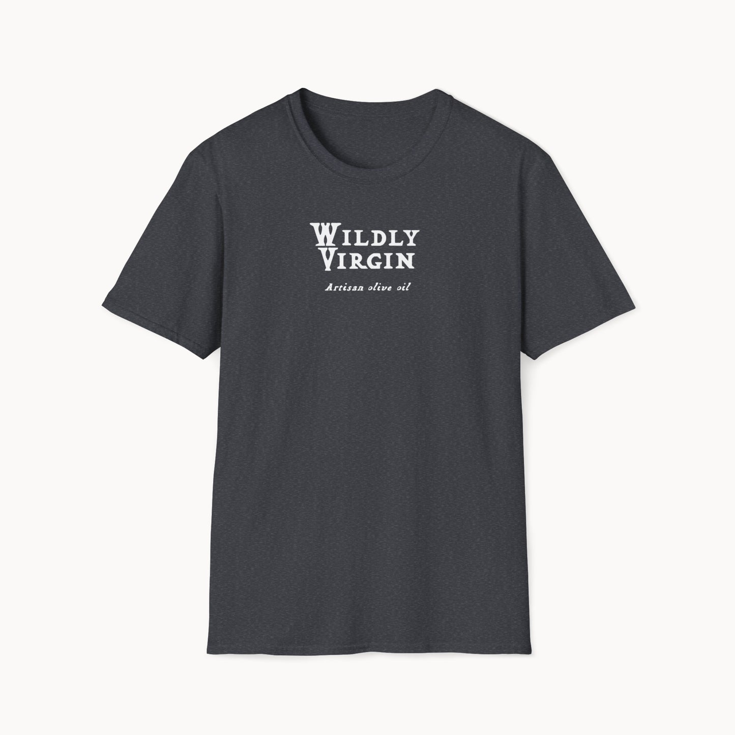 Wildly Virgin artisan olive oil t-shirt in dark gray, showcasing soft-style fabric and classic crew neckline.