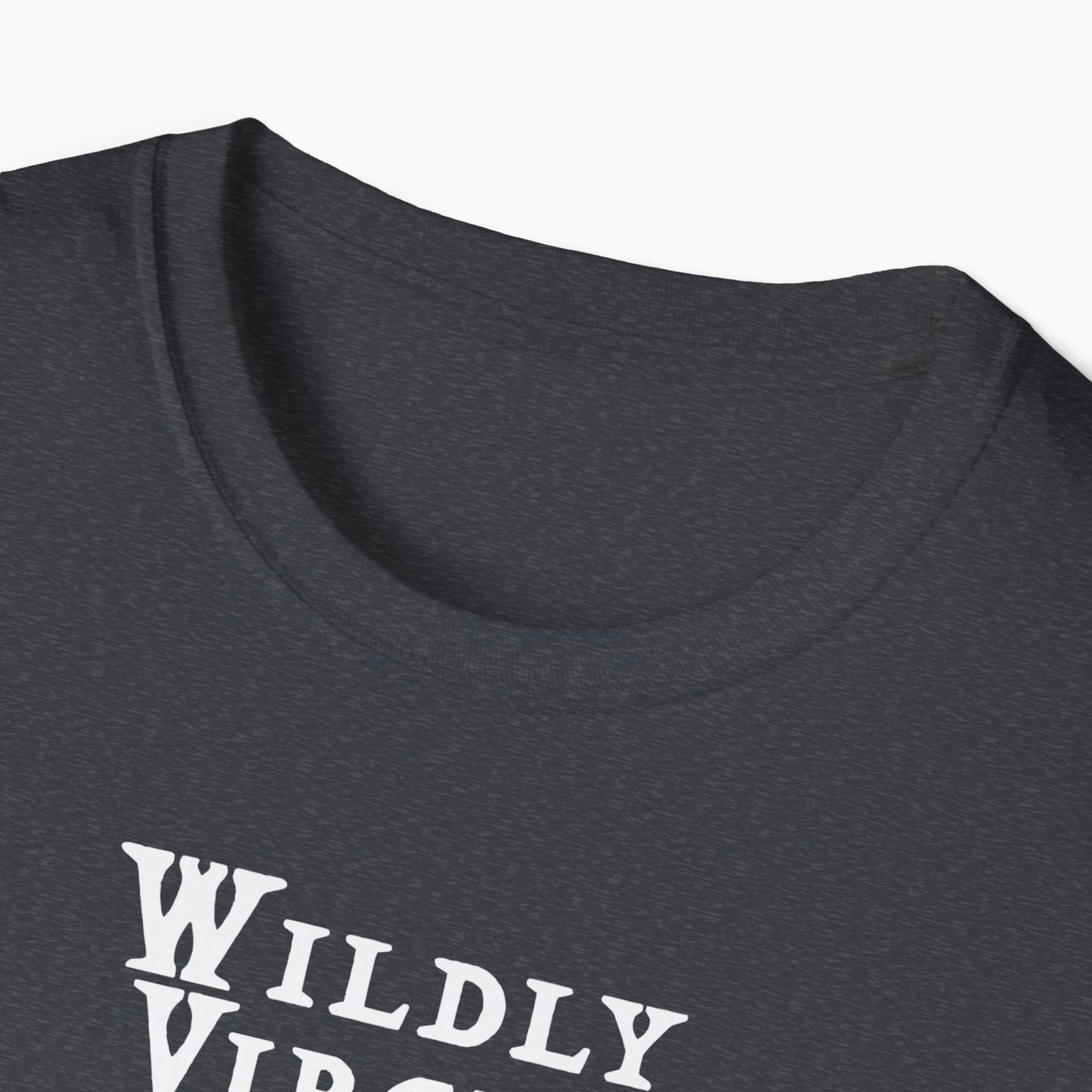 Close-up of a dark crew neck t-shirt featuring 'WILDLY VIRGINIA' text design, showcasing soft fabric and casual style.