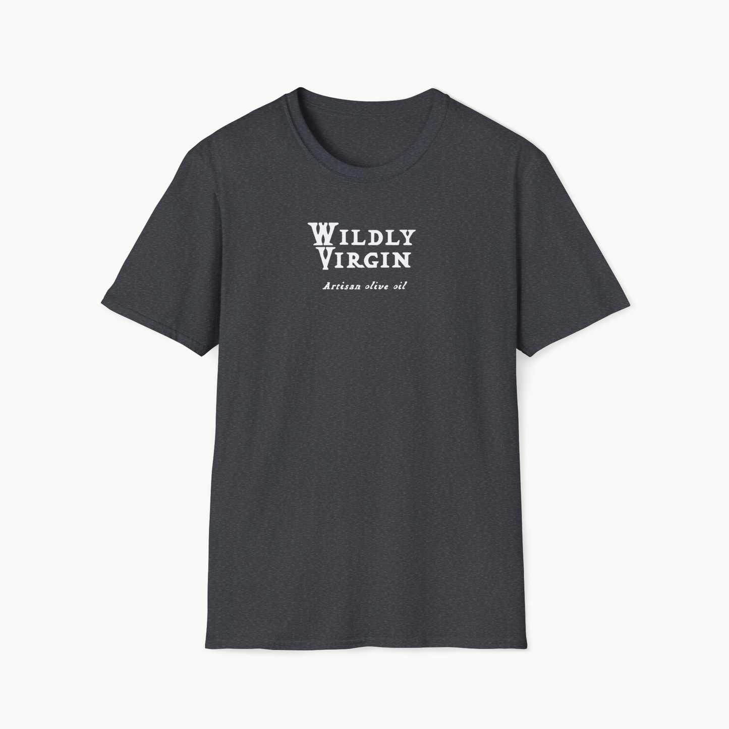 Charcoal t-shirt with 'Wildly Virgin' and 'Artisan olive oil' text design on front.