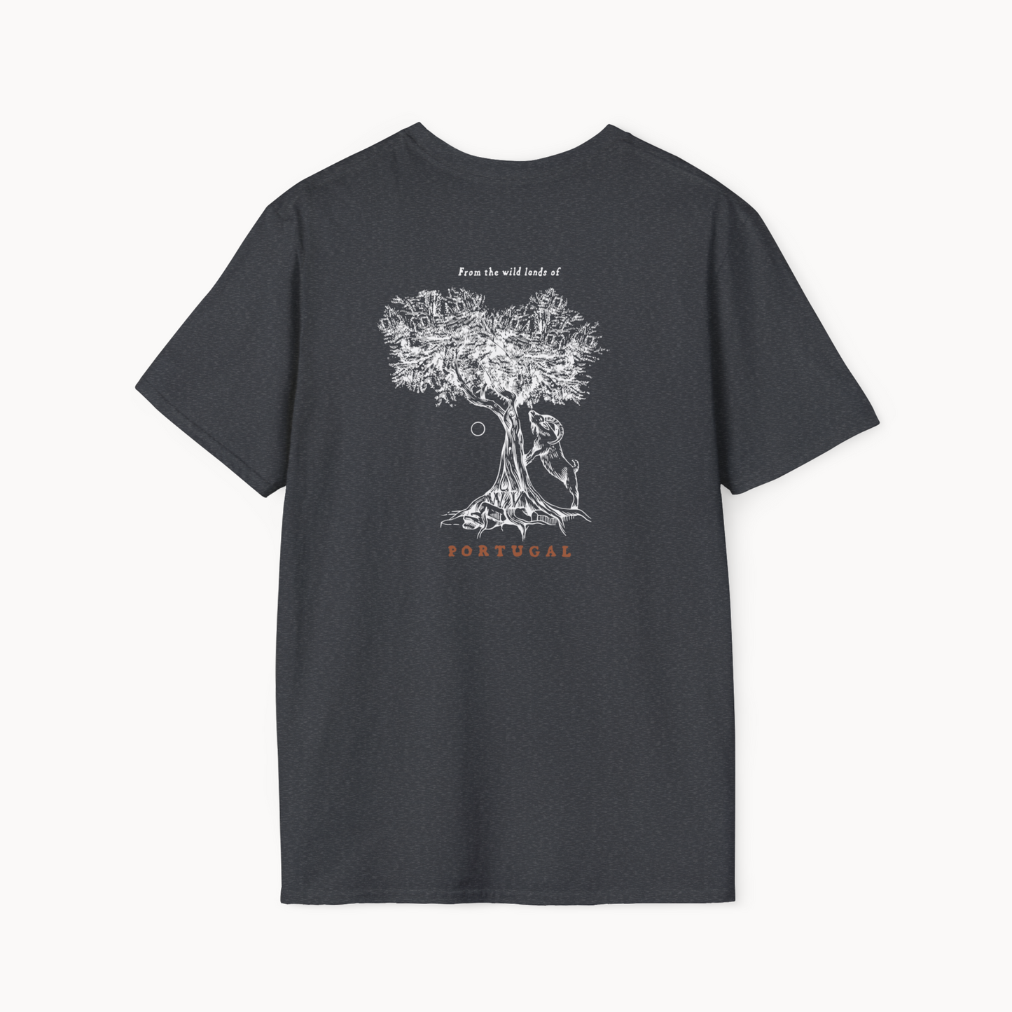 Back view of Ibex & Olive Tree T-Shirt featuring an olive tree illustration and 'Portugal' text.