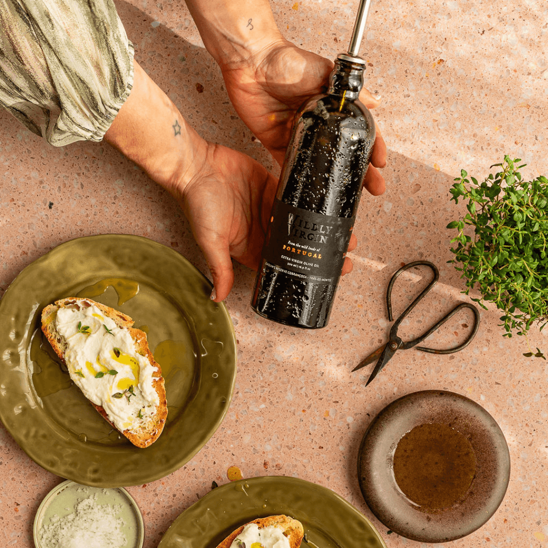 Bottle of EVOO with crostini