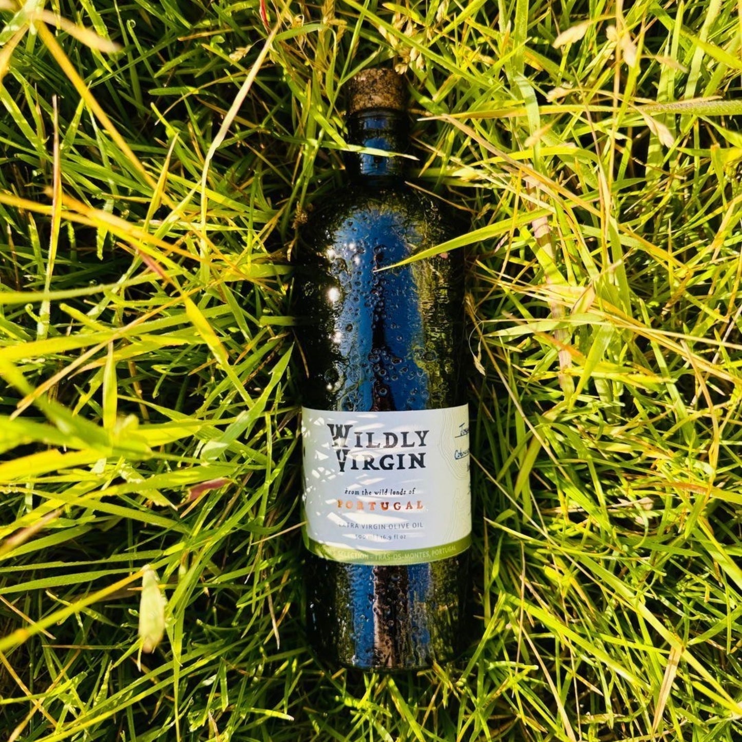 Bottle of Wildly Virgin olive oil surrounded by vibrant green grass, showcasing its herbal qualities and natural origin.