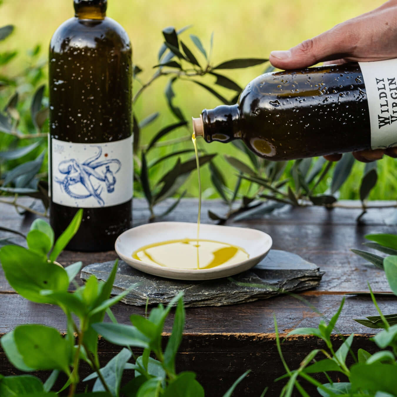 pouring evoo into dish