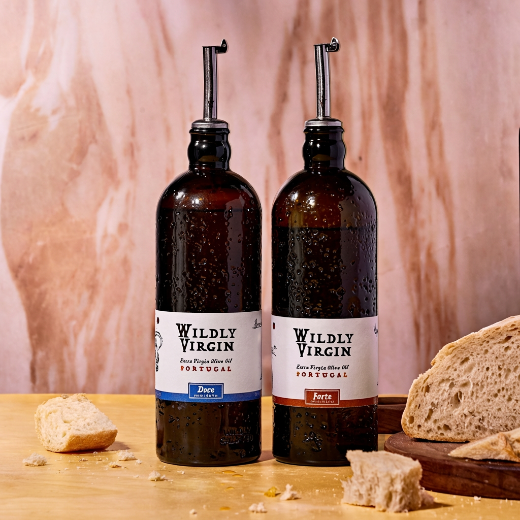 Chef's Duo olive oil set featuring Doce and Forte bottles with bread on a wooden surface.