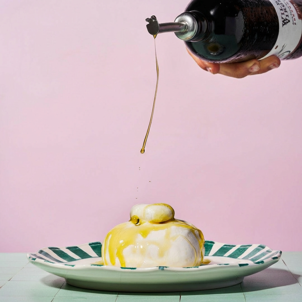 Drizzling olive oil from a bottle over creamy burrata on a striped plate, promoting the Olive Oil Club.