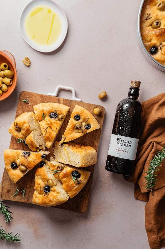 focaccia slices on wooden cutting board