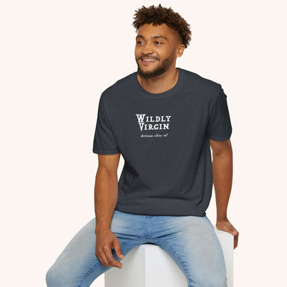 Wildly Virgin artisan olive oil t-shirt - front with logo. 