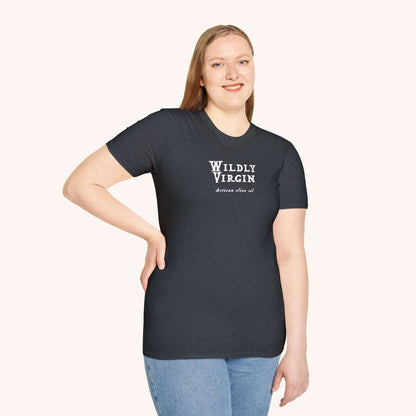 Wildly Virgin artisan olive oil t-shirt - front with logo.