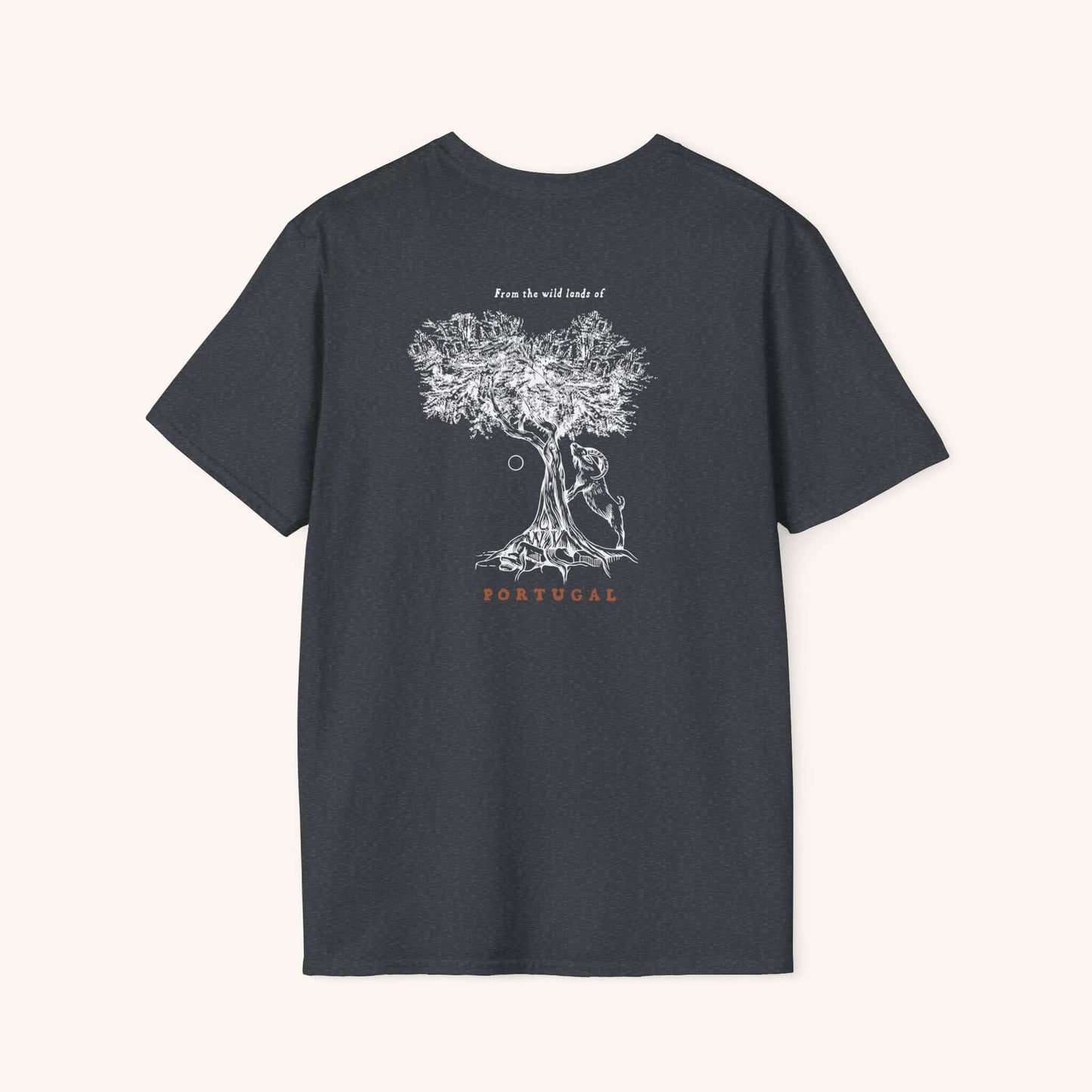 Wildly Virgin artisan olive oil t-shirt - back with olive tree print. 