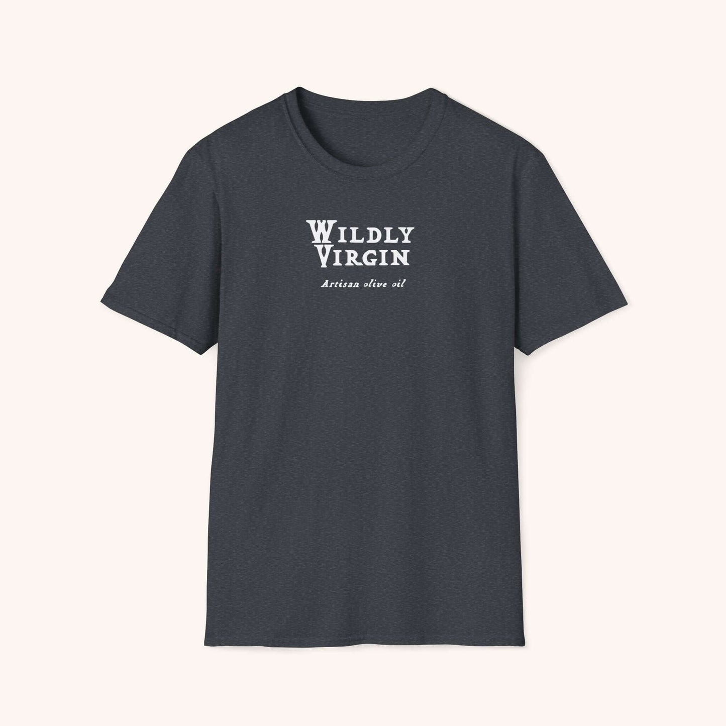 Wildly Virgin artisan olive oil t-shirt - front with logo.