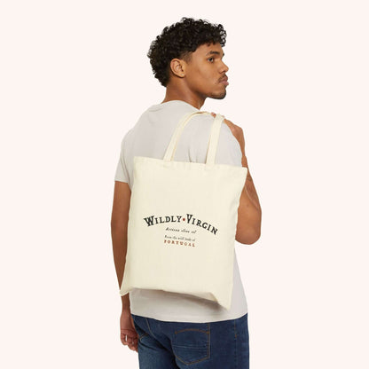 Wildly Virgin Ibex Canvas Tote Being Held - Back View