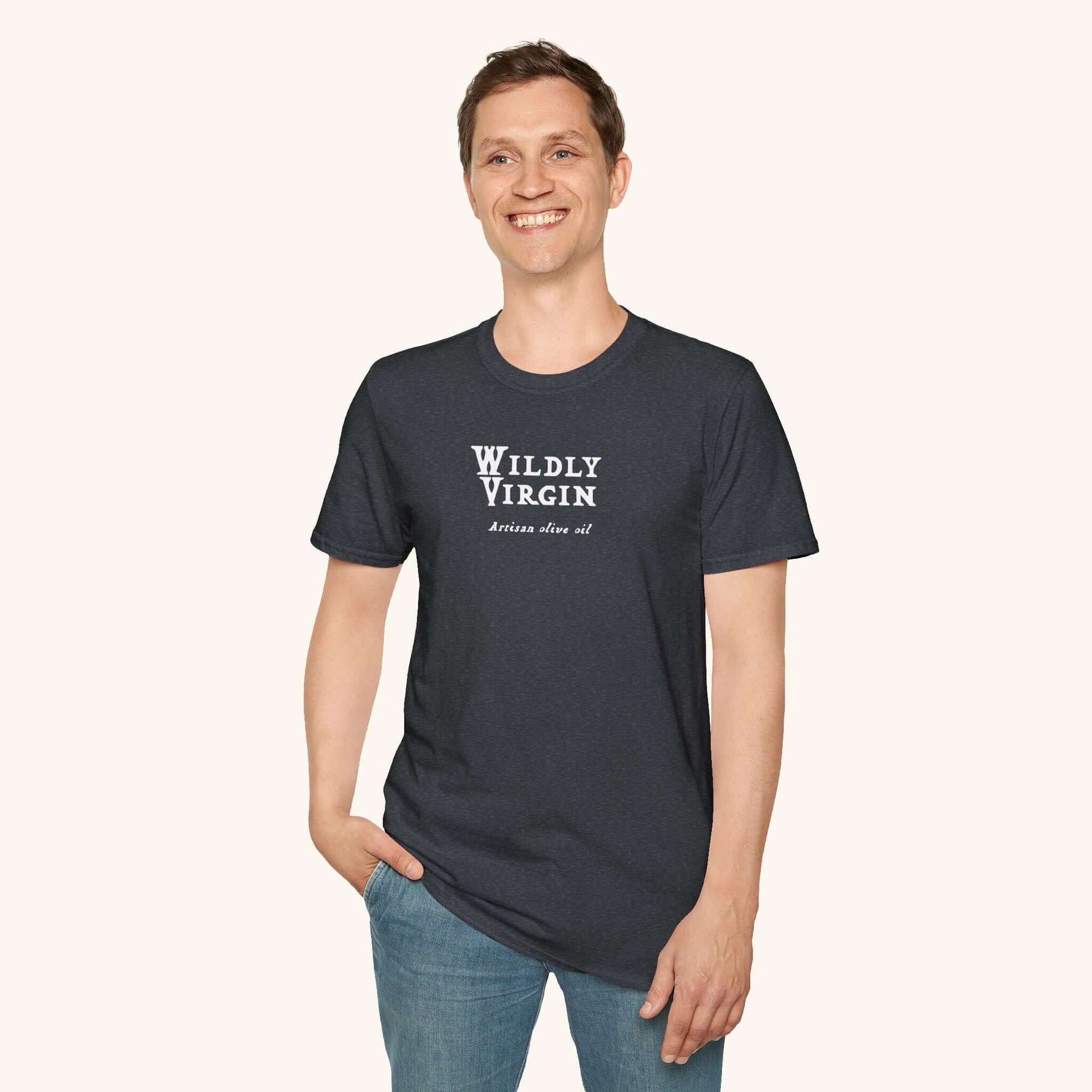 Wildly Virgin artisan olive oil t-shirt - front with logo. 