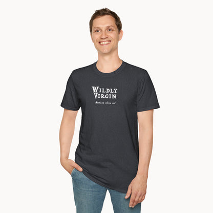 Man wearing a dark gray t-shirt with the text 'Wildly Virgin' in white lettering, smiling against a plain background.