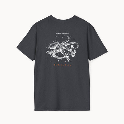 Back view of a black unisex octopus graphic t-shirt with 'From the wild lands of Portugal' printed above the octopus illustration.