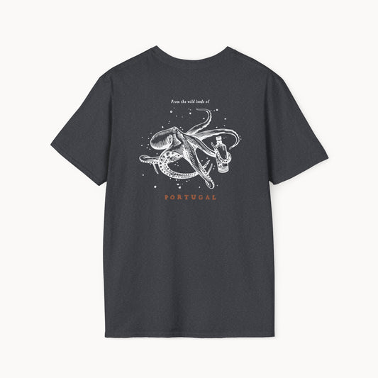 Back view of a black unisex octopus graphic t-shirt with 'From the wild lands of Portugal' printed above the octopus illustration.