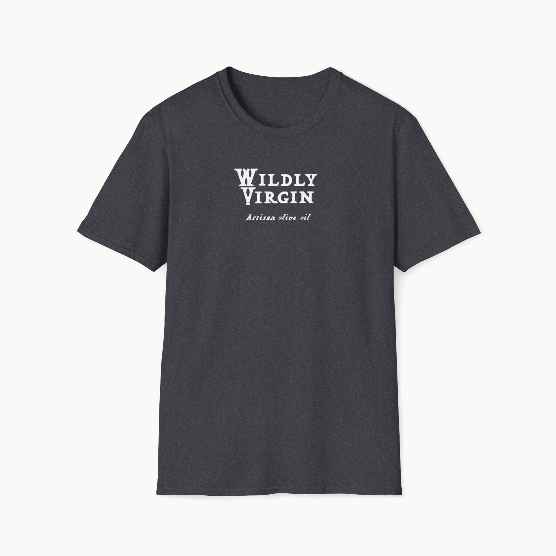Wildly Virgin artisan olive oil t-shirt in dark gray, showcasing soft-style fabric and classic crew neckline.