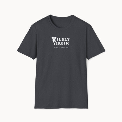 Wildly Virgin artisan olive oil t-shirt in dark gray, showcasing soft-style fabric and classic crew neckline.
