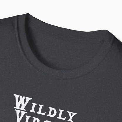 Close-up of a dark crew neck t-shirt featuring 'WILDLY VIRGINIA' text design, showcasing soft fabric and casual style.