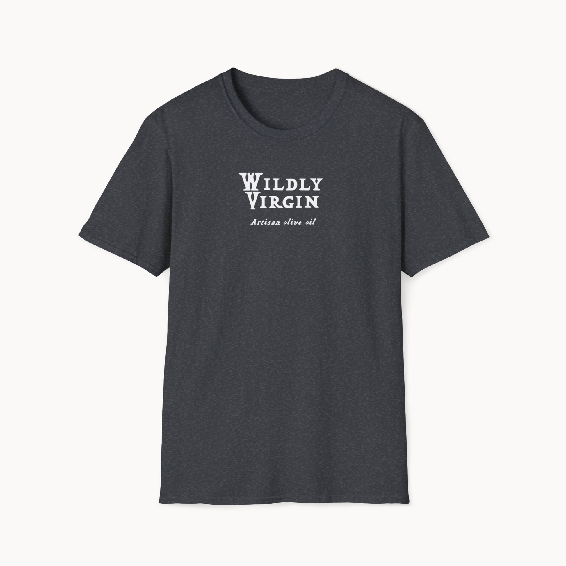 Charcoal t-shirt with 'Wildly Virgin' and 'Artisan olive oil' text design on front.