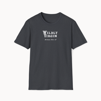 Charcoal t-shirt with 'Wildly Virgin' and 'Artisan olive oil' text design on front.