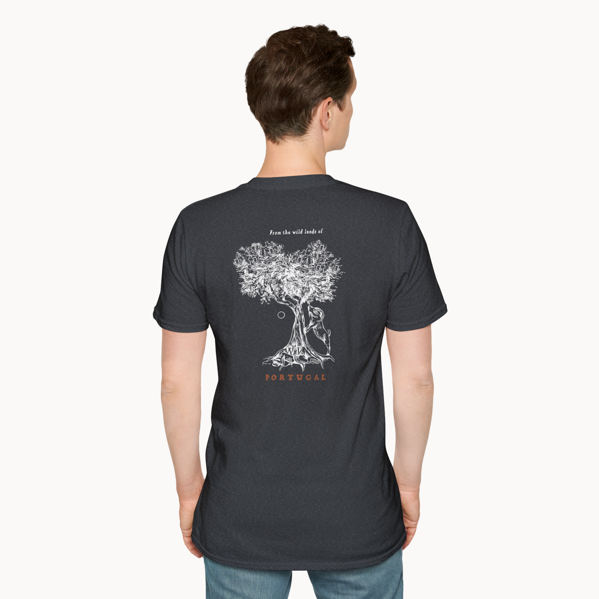 Man wearing Ibex & Olive Tree T-Shirt, featuring olive tree illustration and 'Portugal' text on the back.