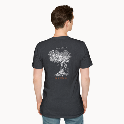 Man wearing Ibex & Olive Tree T-Shirt, featuring olive tree illustration and 'Portugal' text on the back.
