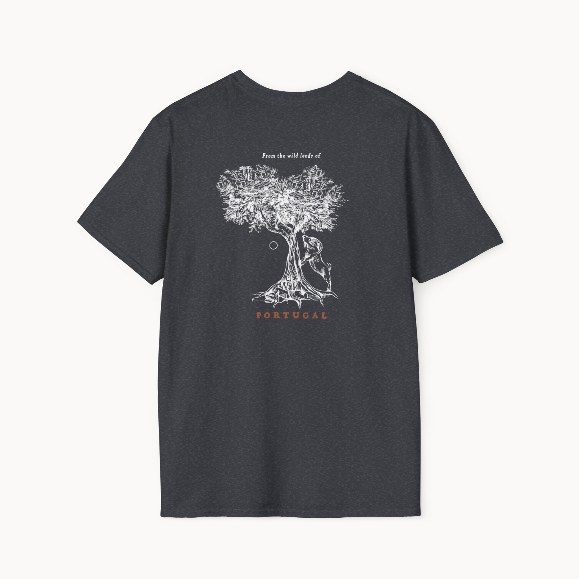 Back view of Ibex & Olive Tree T-Shirt featuring an olive tree illustration and 'Portugal' text.