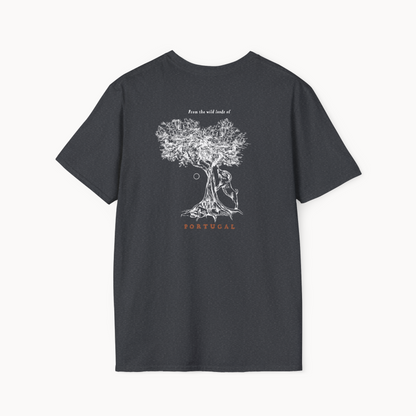 Back view of Ibex & Olive Tree T-Shirt featuring an olive tree illustration and 'Portugal' text.