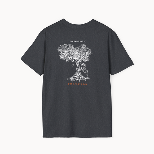 Back view of Ibex & Olive Tree T-Shirt featuring an olive tree illustration and 'Portugal' text.