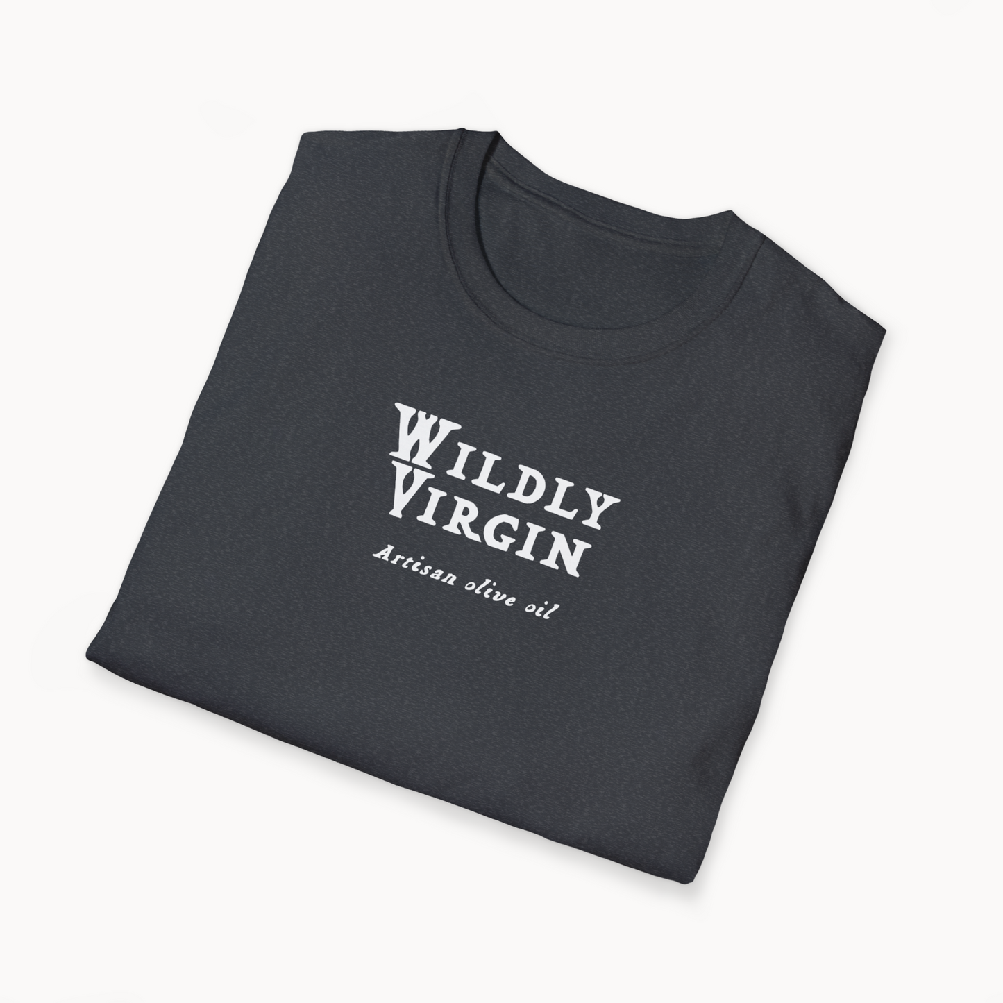 Folded black t-shirt with 'Wildly Virgin Artisan Olive Oil' graphic design on the front.