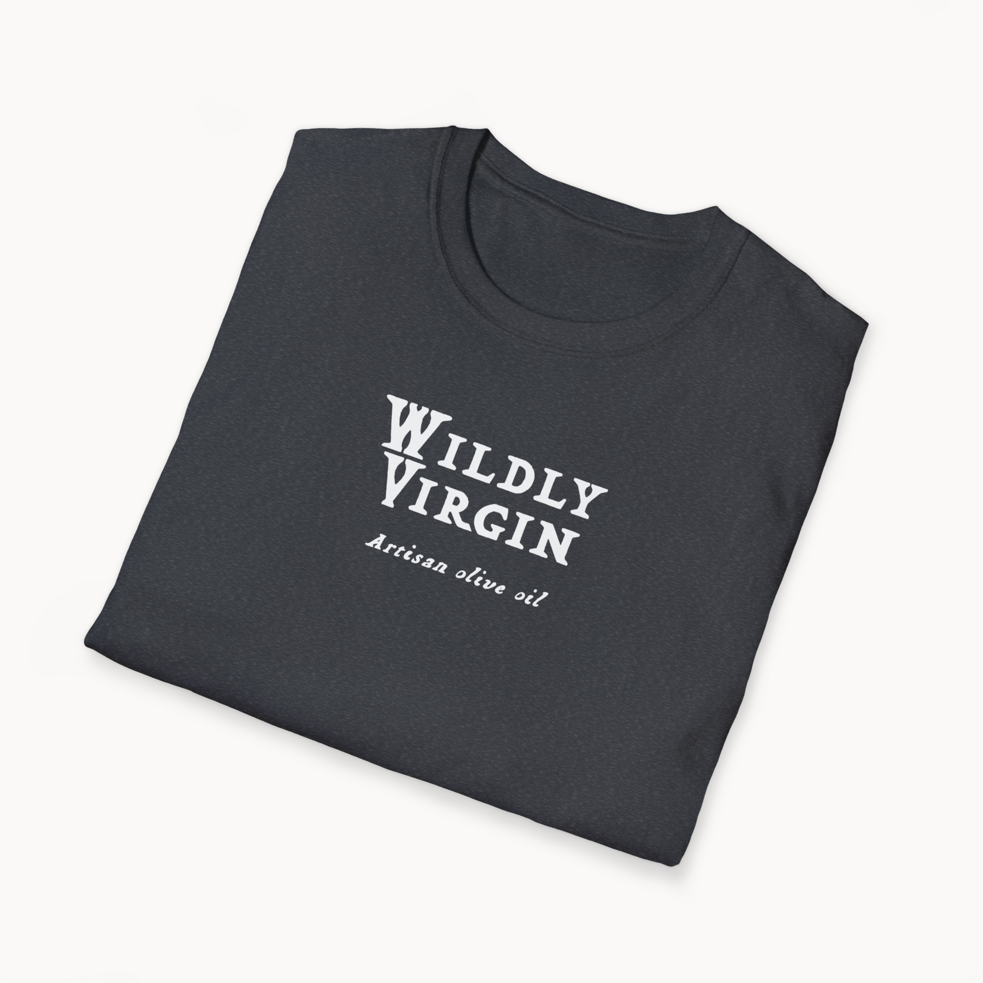 Folded black t-shirt with 'Wildly Virgin Artisan Olive Oil' graphic design on the front.