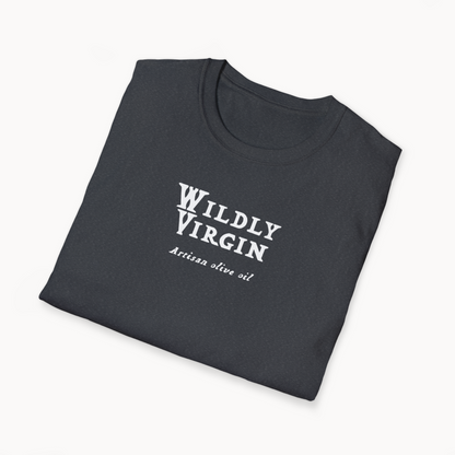 Folded black t-shirt with 'Wildly Virgin Artisan Olive Oil' graphic design on the front.