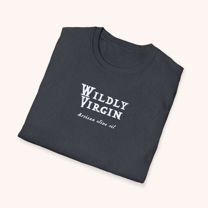 Wildly Virgin artisan olive oil t-shirt - front with logo.