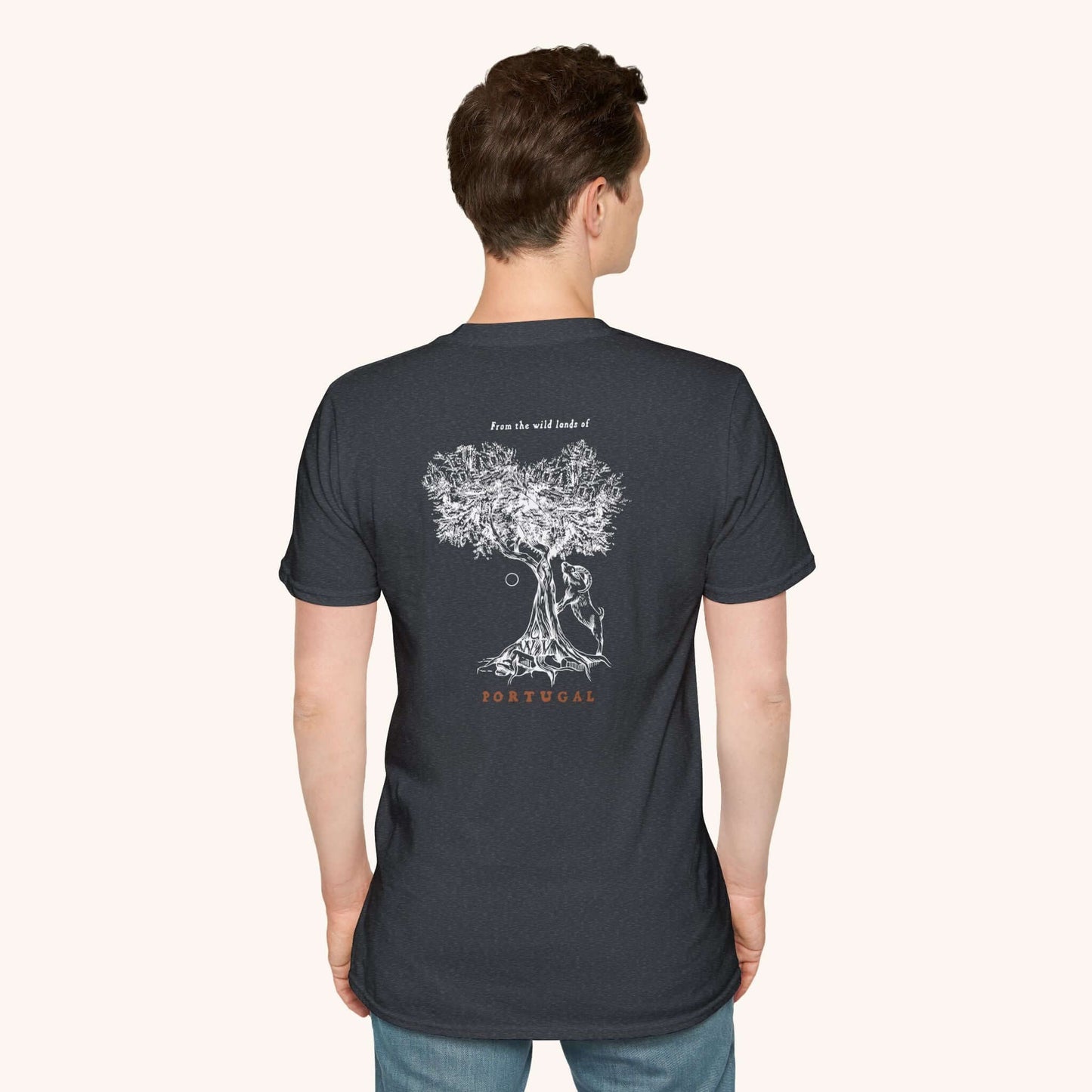 Wildly Virgin artisan olive oil t-shirt - back with olive tree print. 