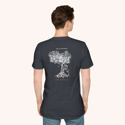 Wildly Virgin artisan olive oil t-shirt - back with olive tree print. 