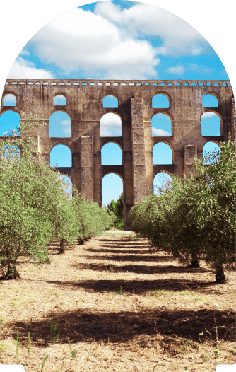 Amoreira Aqueduct in Elvas Portugal with Olive trees