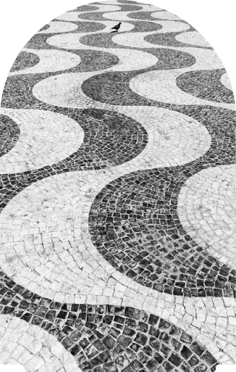 A close up photo of intricate Portuguese cobblestones with wavy patterns in black and white stone