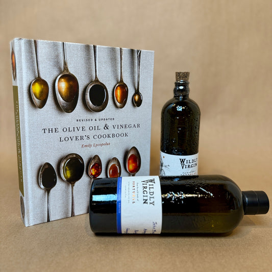 Foodie gift set featuring Wildly Virgin olive oils and The Olive Oil & Vinegar Lover's Cookbook by Emily Lycopolus