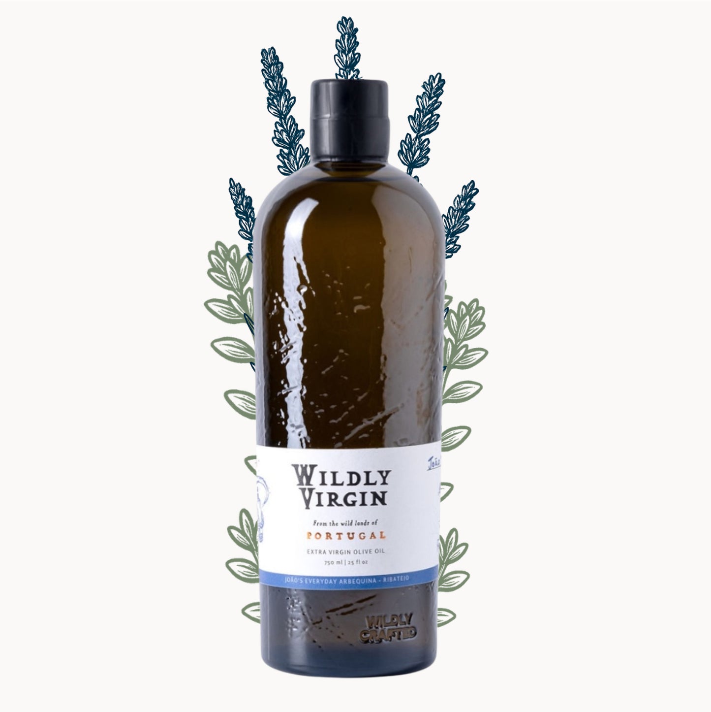 Bottle of Wildly Virgin olive oil from Portugal with a decorative botanical background.