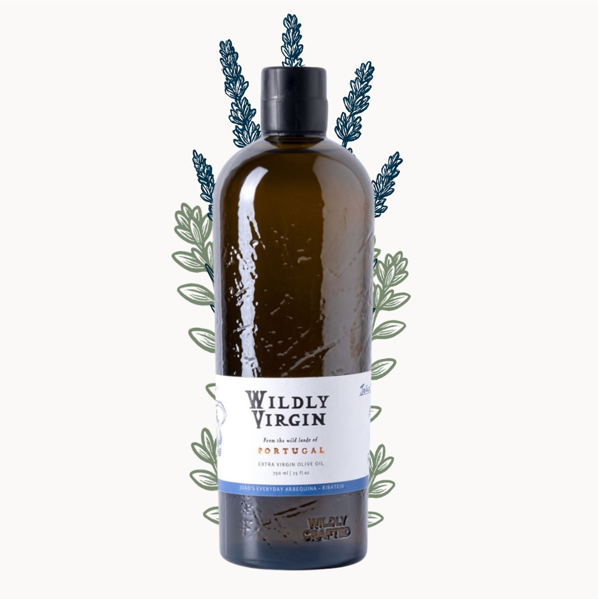 Bottle of Wildly Virgin olive oil from Portugal with a decorative botanical background.
