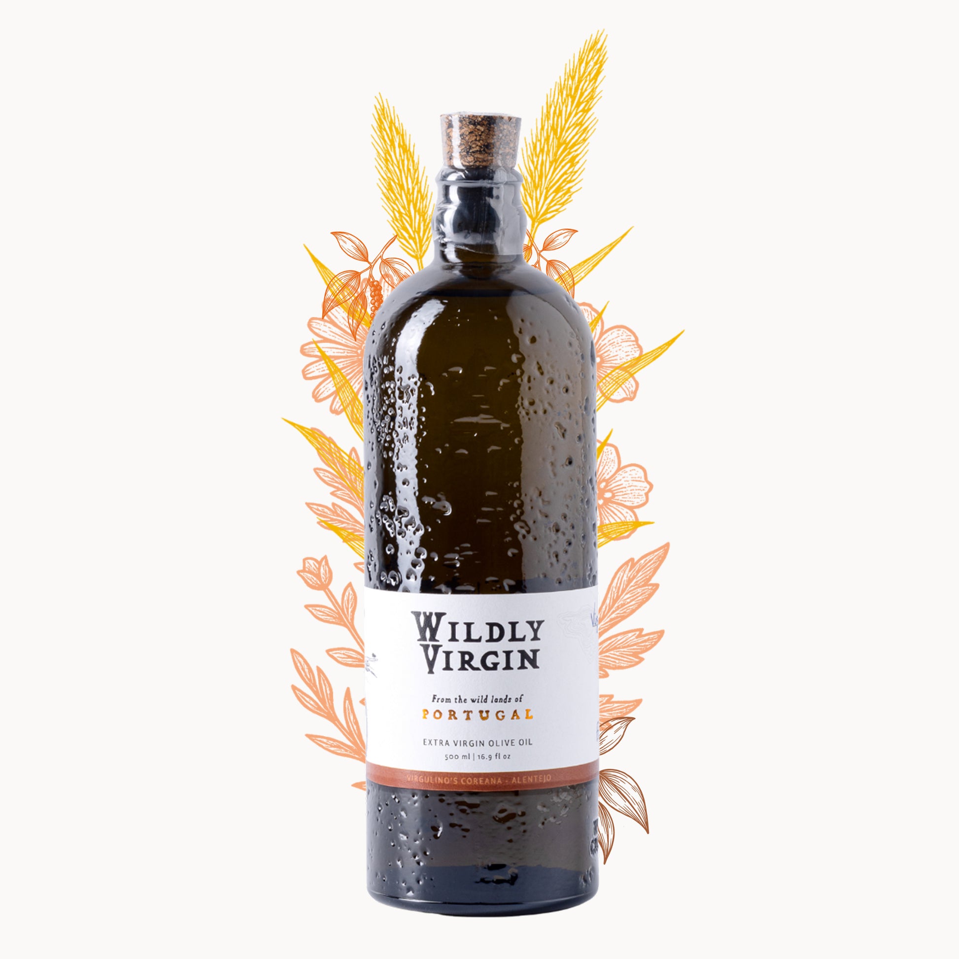 Bottle of Wildly Virgin extra virgin olive oil from Portugal with decorative floral elements.