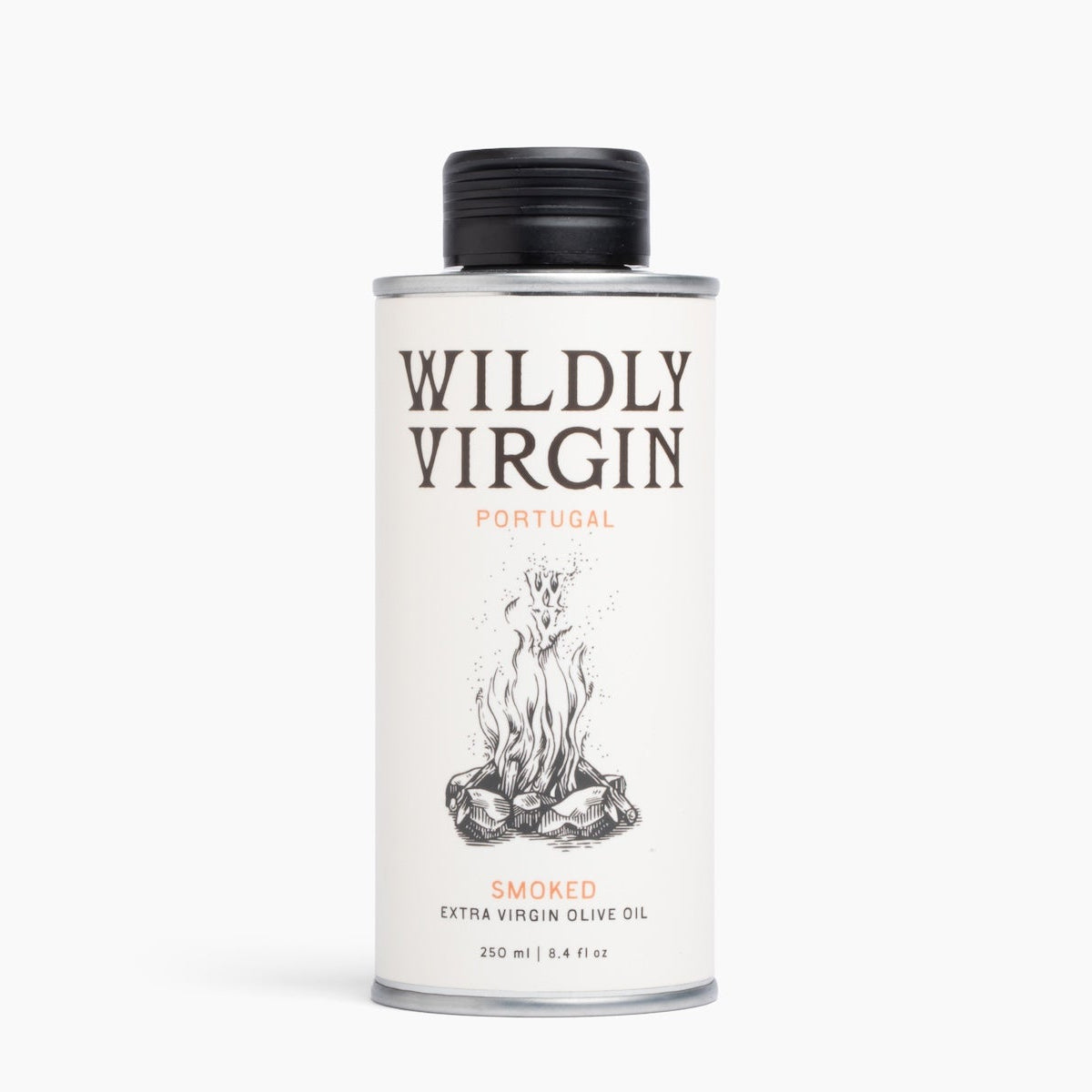 A 250ml metal can of Wildly Virgin Smoked Extra Virgin Olive Oil from Portugal, featuring a white label with a black cap and a campfire illustration.