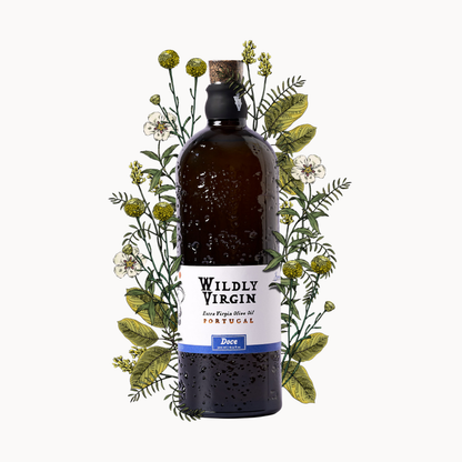 Doce extra virgin olive oil bottle with flowers, representing sweetness and versatility in cooking.