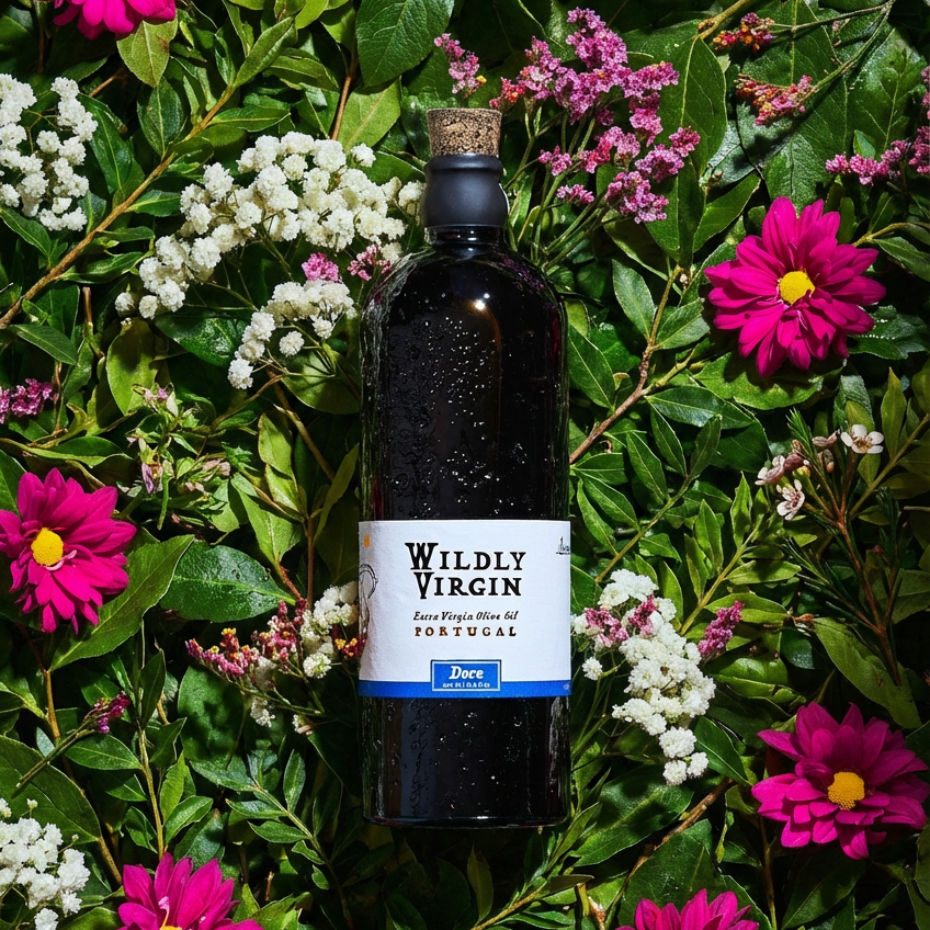A bottle of Doce extra virgin olive oil surrounded by colorful flowers, showcasing its fruity and smooth qualities.