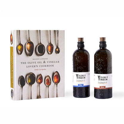 Foodie gift set with two wrapped olive oil bottles and the Olive Oil & Vinegar Lover's Cookbook