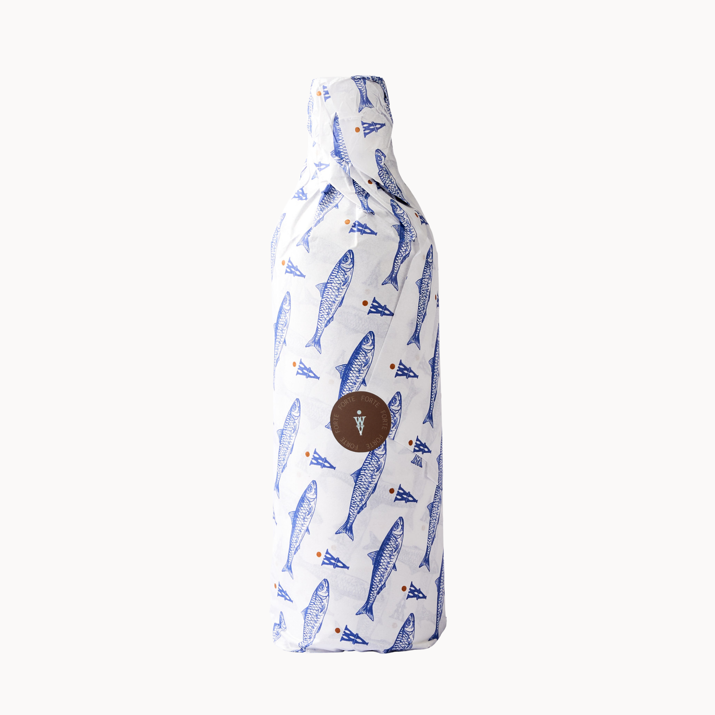 Bottle wrapped in fish-patterned paper, showcasing the artisanal packaging of Forte olive oil.