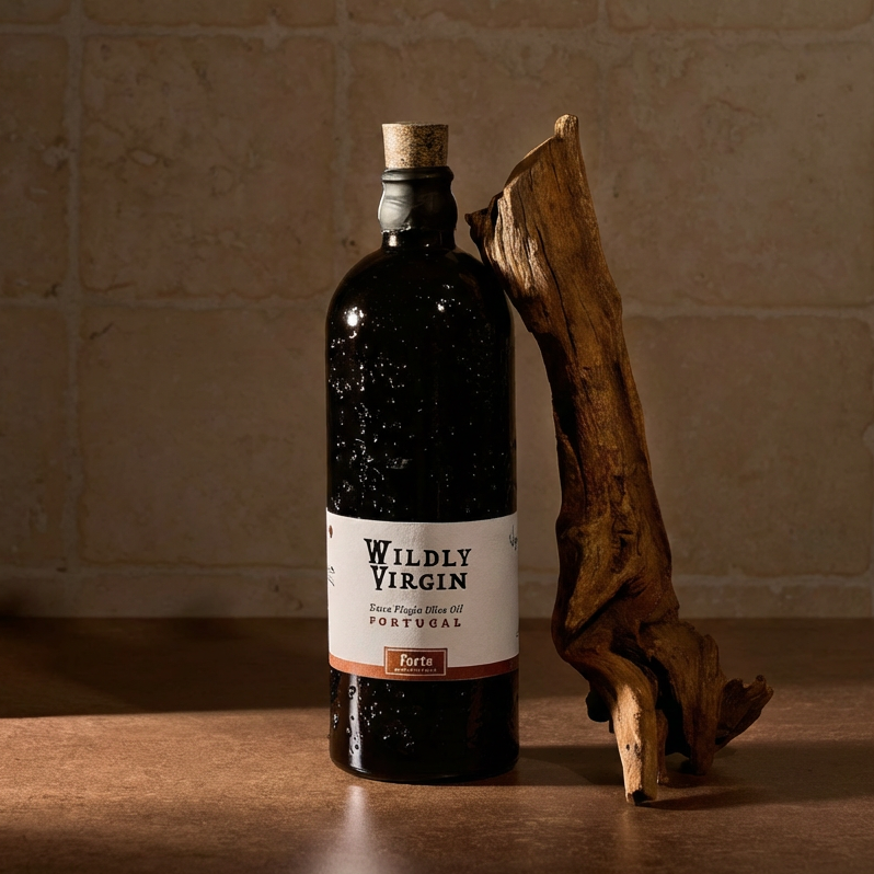 Bottle of Forte extra virgin olive oil from Portugal, with unique dark glass and cork stopper, displayed with rustic wood.