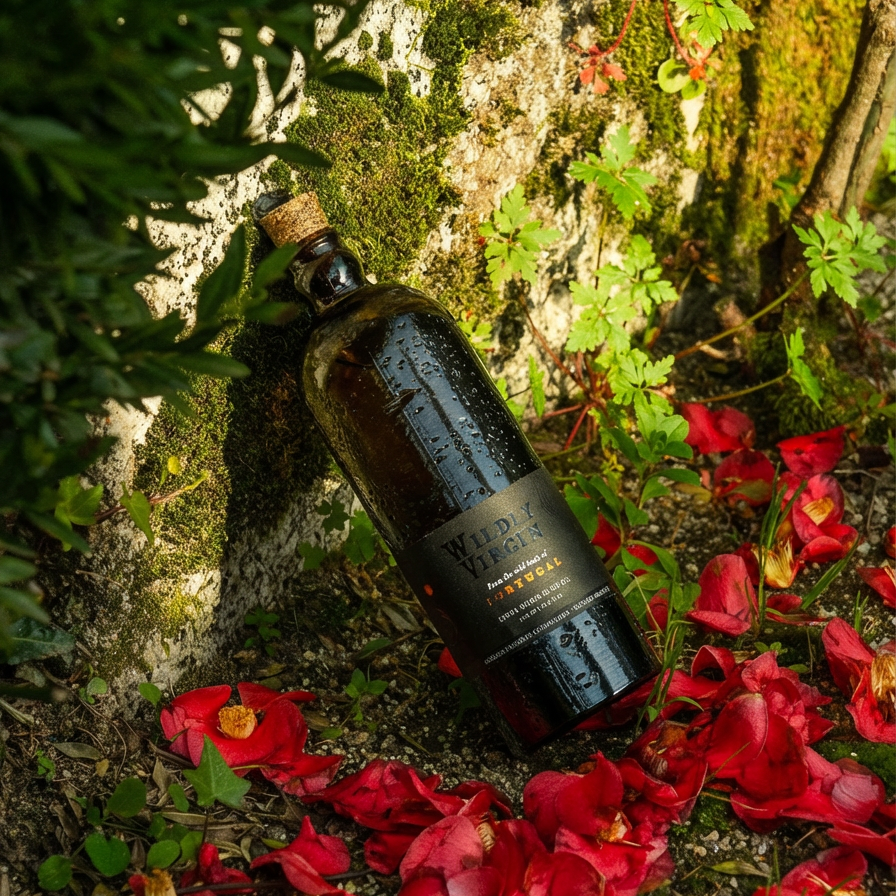 Joaquim's Reserve olive oil bottle surrounded by vibrant red flowers and lush greenery.